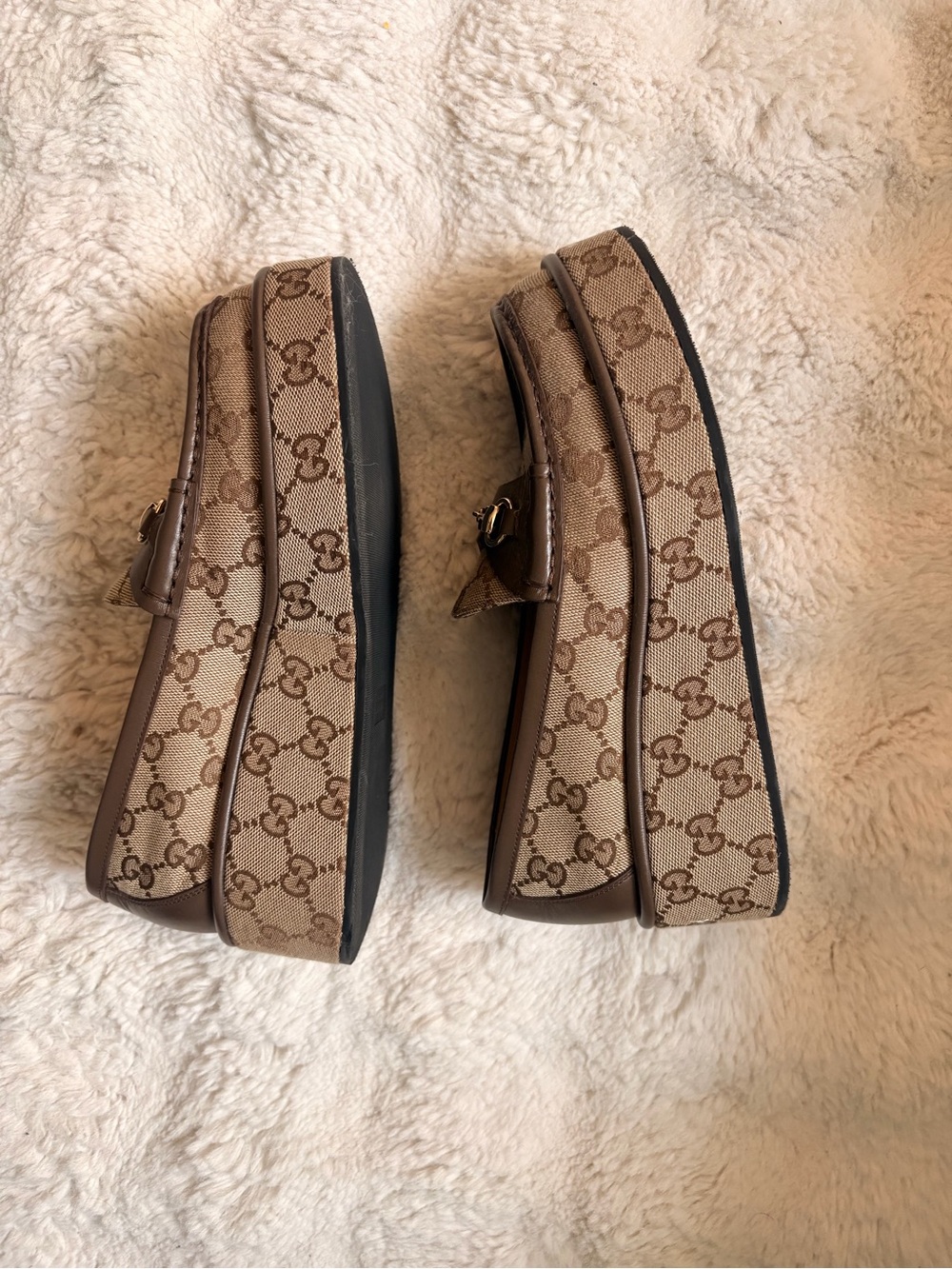 Gucci Tan Beige GG Canvas Horsebit Loafers